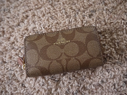 Coach f63975 SMALL DOUBLE ZIP COIN CASE IN SIGNATURE /kahki/saddle